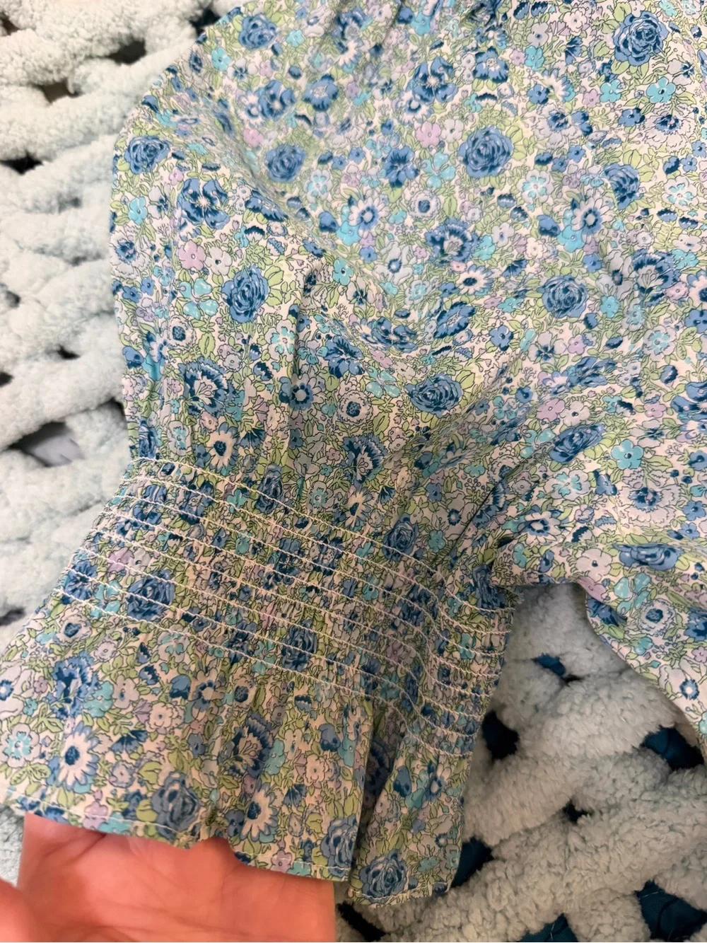 J. Crew Made with Liberty Fabric Blue Floral Smocked Sleeve Blouse Sz XXL